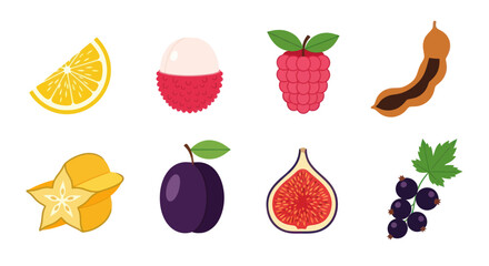 Assortment of colorful fruits in a flat design style on white background