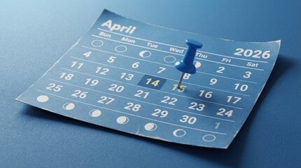 A calendar marked April 14, 2026, pinned by a blue pin, highlighting a significant day.