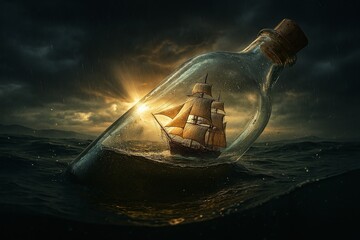 Ein Miniatur Schiff in einer Flasche auf dem offenen Meer w&auml;hrend eines Sonnenuntergangs