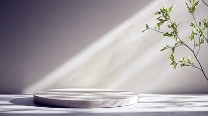 A clean, modern concrete display podium is bathed in soft, dappled sunlight, with a slender branch of green leaves reaching into the frame.