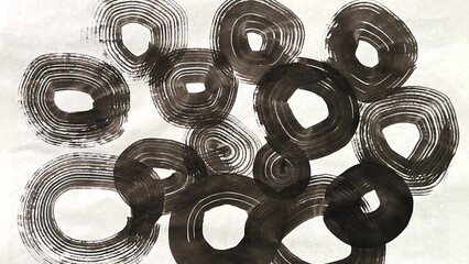 hand-drawn brush strokes, abstract artistic illustration, ink-drawn round bubble shapes, banner size illustration