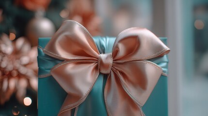 Close-up of an elegant teal gift box with a large rose gold satin bow. The festive scene with bokeh lights creates a mood of celebration and surprise. Ideal for holiday promotions.