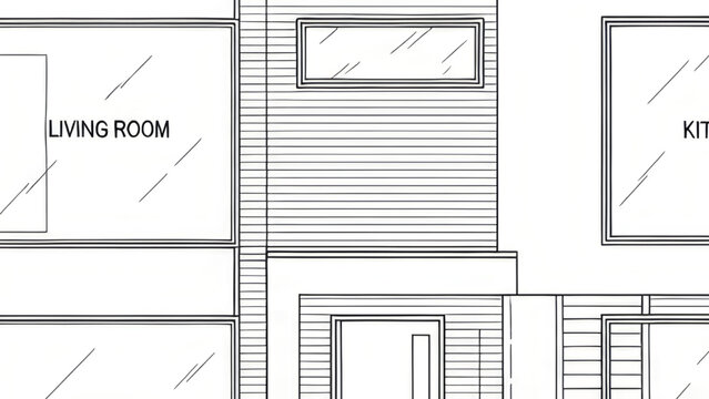 Architectural floor plan drawing depicting a living room and kitchen layout with windows and wall details.