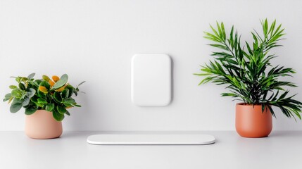 A clean, minimalist scene featuring two potted plants, a white rounded rectangle on the wall, and a white oblong podium on a white surface.