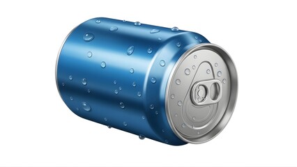Blue soda can drink beverage refreshment aluminum condensation drops isolated studio shot still life on transparent background