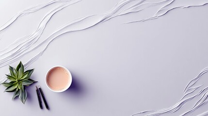 A top-down view of a small green succulent plant, a white cup filled with a light brown liquid, and two black pens arranged on a pale purple surface with decora