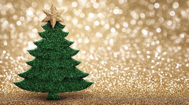 A green glitter Christmas tree with a gold star against a sparkling golden bokeh background. Festive and elegant mood for holiday cards, invitations, and seasonal marketing. - Powered by Adobe