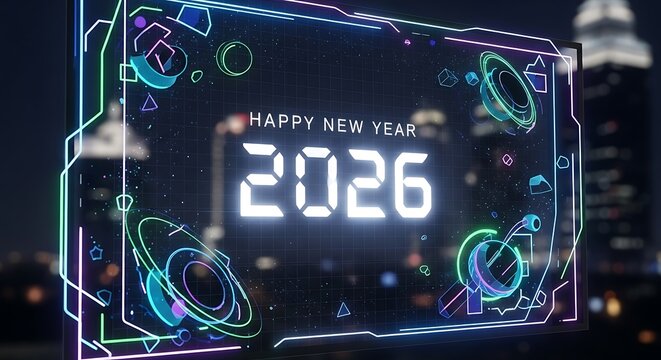 Futuristic digital display showing happy new year 2026 with neon holographic frame against a blurred city skyline at night