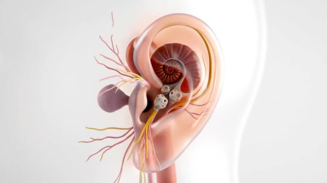 Anatomical ear illustration showing detail of the inner ear and earwax accumulation inside ear