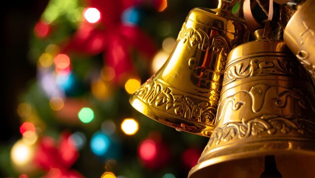 Golden christmas bells hanging on a blurry festive tree with colorful lights