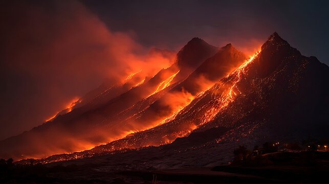 A series of mountains ablaze with wildfire at night, creating a dramatic and destructive scene of environmental devastation and natural disaster