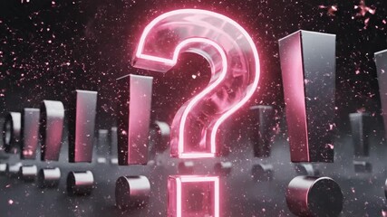 A luminous pink question mark hovers amidst geometric shapes on a textured surface speckled with bright hazy particles - Powered by Adobe