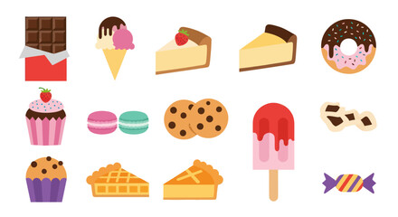 Assortment of desserts chocolate cakes cookies and ice cream on white