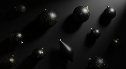 Monochromatic collection of elegant black Christmas ornaments with golden details, celebrating a minimalist holiday season