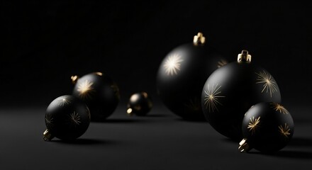 Elegant arrangement of minimalist black Christmas baubles with golden starburst patterns on a dark, moody background for a luxurious holiday season