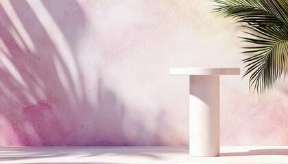 A simple white cylindrical pedestal stands against a textured pink wall, with dappled palm leaf shadows and a palm frond in the upper right corner.