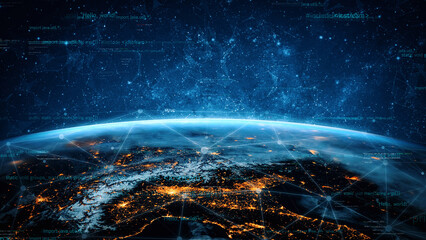 Captivating view of Earth from space, showcasing a beautiful night scene with lights and cosmic elements, enhanced by network connections and data visuals. Xenic