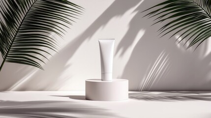 A white cream tube stands on a round pedestal, surrounded by lush green palm leaves and dramatic shadow patterns on a white background.