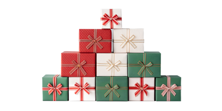 A clean and minimalist stack of Christmas present boxes arranged in a simple pyramid shape. Each box is wrapped in soft holiday colors and tied with elegant ribbons. Modern and aesthetic style perfect