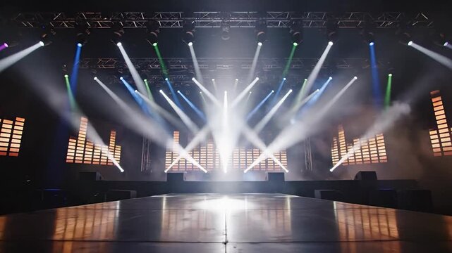 Vibrant stage with colorful lighting, dynamic concert setting with fog machines, festive atmosphere ideal for music events or holiday celebrations