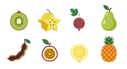 Assortment of fresh fruits kiwi starfruit gooseberry pear and more