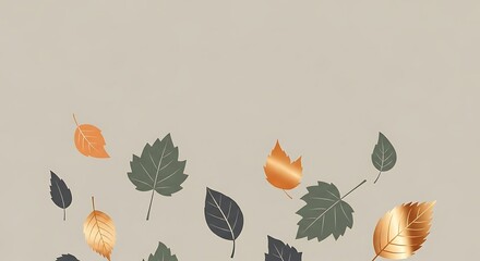Elegant autumn falling leaves with gold metallic accents on a neutral background.