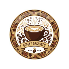 Circular Emblem Featuring A Steaming Cup Of Coffee With A Heart Design And The Words Coffee Obsessed On A Banner Set Against A Textured Background With Coffee Beans And Leaves Ideal For Cafe Branding