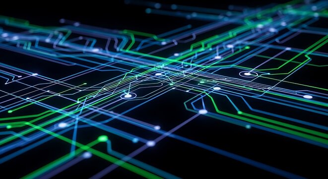 Abstract digital network with glowing blue and green lines on a dark background, futuristic concept