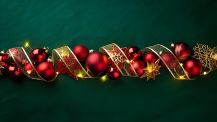 Festive red ornaments and golden ribbon with twinkling lights on green background