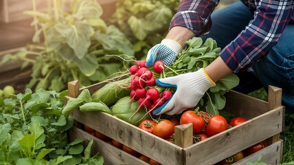 Harvesting fresh vegetables from garden wooden crate farm to table