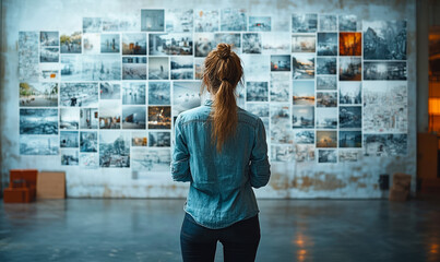 Young woman standing in front of large photo collage wall with creative images and project ideas in modern studio space