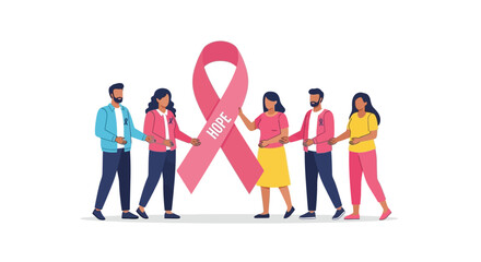 United for hope, diverse group stands together supporting breast cancer awareness with pink ribbons and optimistic spirit, promoting health and unity.
