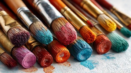 A vibrant closeup showcases an array of paintbrushes, each tipped with a different hue, creating a colorful spectrum of artistic expression and creative potential