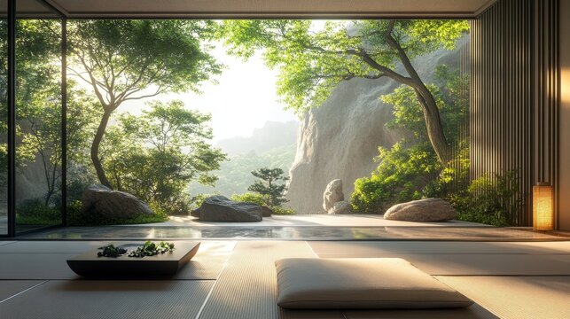 Plants, interior design, and living room in a home featuring minimal furniture and modern decor. Indoor feng shui and zen decorations for a peaceful, eco-friendly home setting, Generative AI