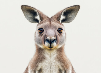 Fototapeta premium Hyperrealistic Detailed Portrait of Kangaroo Isolated on White Background Capturing Expressive Facial Features and Natural Texture