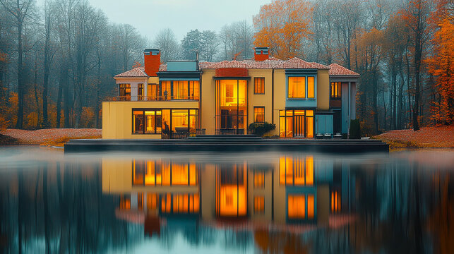 Luxurious Mansion with Autumn Reflections on Tranquil Lakefront
