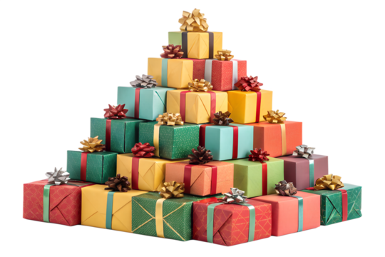 Realistic Christmas gift boxes wrapped in festive paper and topped with glossy satin bows, arranged into a pyramid. The presents feature classic holiday colors and reflective textures, creating a prem