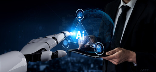 AI brain processes big data with generative AI, LLMs, and machine learning to support business...