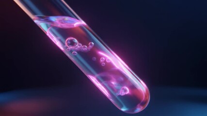 Glowing Solution: Close-up of a laboratory test tube filled with a shimmering liquid and bubbles. Emphasizing the fusion of scientific exploration and aesthetic beauty.