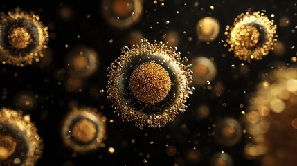 Abstract Image Of Golden Spheres Floating Against Black Background With Bokeh Effect