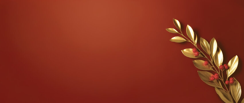 Pungitopo con foglie dorate e bacche rosse su sfondo tinta unita rosso, abbinato