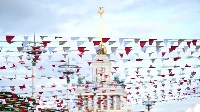 Bunting flags decorating VDNKh park in summer