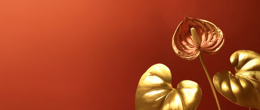 Anthurium con foglie dorate e fiore rosso su sfondo tinta unita rosso, abbinato