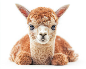 Naklejka premium Hyperrealistic Front View Portrait of Adorable Alpaca Isolated on White Background with Detailed Fur and Expressive Eyes