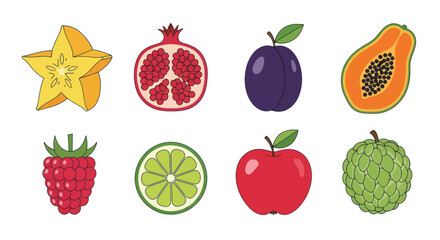 Assortment of vibrant cartoon fruit illustrations on white background
