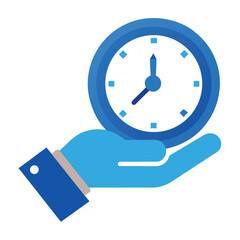 Hand Holding Clock Icon, Time Management and Productivity Symbol in Flat Design on White Background