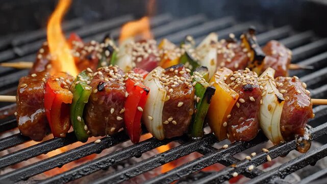 Juicy skewers sizzle on a grill, colorful vegetables complement the meat's savory aroma, perfect for summer BBQ or outdoor gatherings