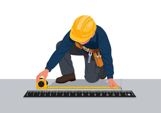 Construction Worker Measuring with Tape Measure on Floor