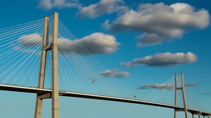 Fototapeta premium Modern suspension bridge structure against bright blue sky with white clouds