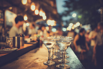 Blurred cocktail glasses on bar counter defocused people in background warm lighting evening outdoor party festive atmosphere social gathering relaxation nightlife